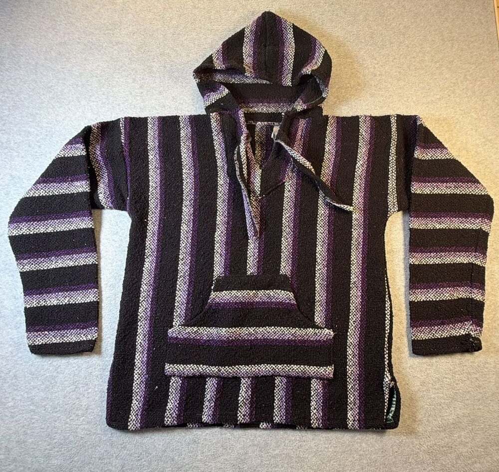 Senor Lopez Vintage Baja Hoodie Black Purple Striped Pullover Made inMexico Sz M